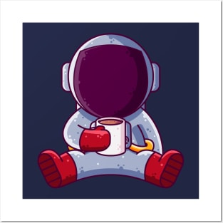 Cute Astronaut Drinking Coffee Cartoon Posters and Art